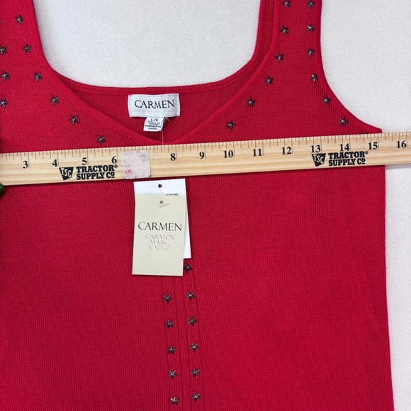 Carmen Marc Valvo Red Ribbed Tank Top Women Large New Star Studded V Neck - Picture 6 of 12